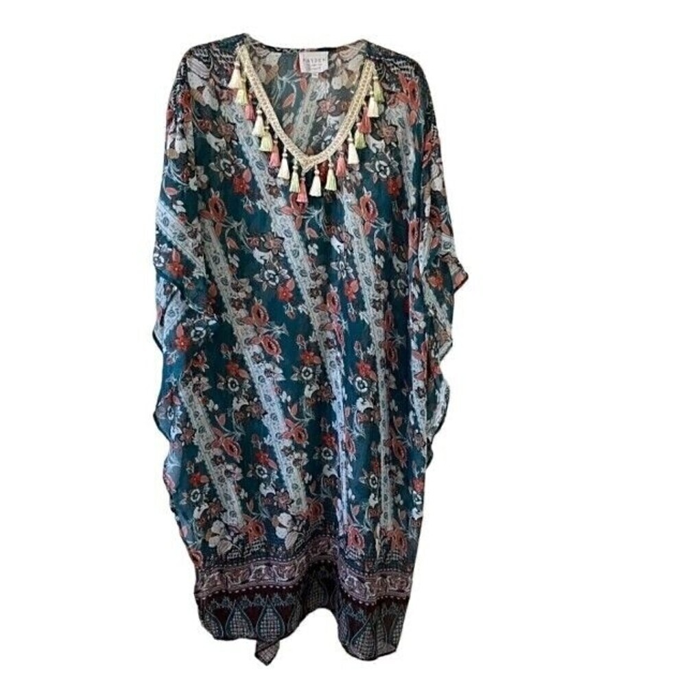 Hayden LA Sheer Floral Tassel Caftan Dress Size M/L